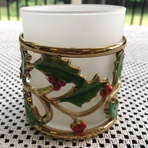 Lenox Christmas Holly Holiday Gold Votive Metal Candle Holder w/ Glass Insert